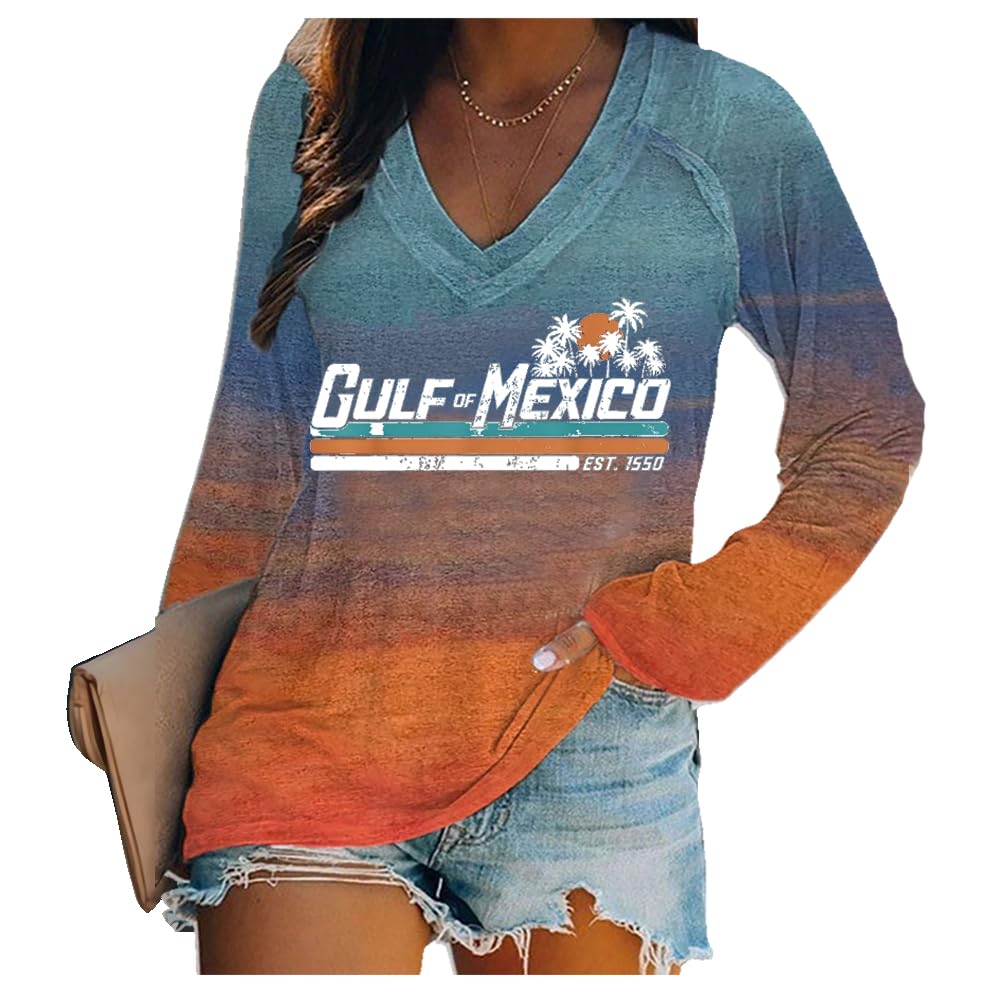 Gulf Of Mexico Long Sleeve Vneck Casual T Shirt Women Vintage Tee
