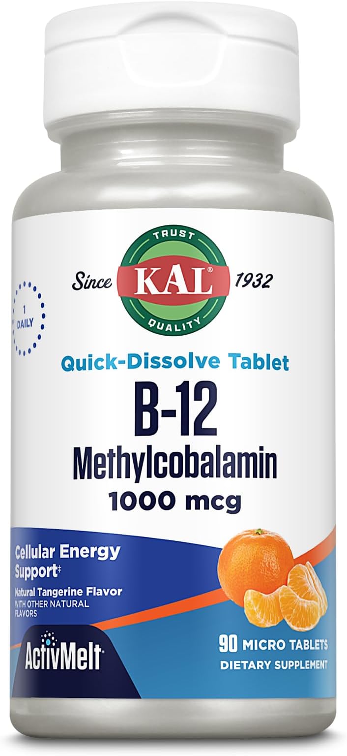 KAL Vitamin B12 Methylcobalamin 1000mcg, Healthy Energy, Metabolism, Nerve & Red Blood Cell Support,* Fast Dissolve ActivMelt, Optimal Absorption, Natural Tangerine Flavor, 90 Servings, 90 Micro Tabs