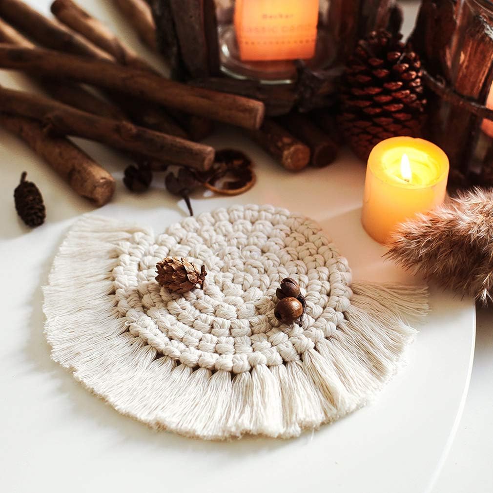 Handmade Drink Coasters Set of 2, Sector Macrame Coasters Cup Mug Pad, Bohemia Cotton Braid Non Slip Placemats for Home and Bar (Large Sector)