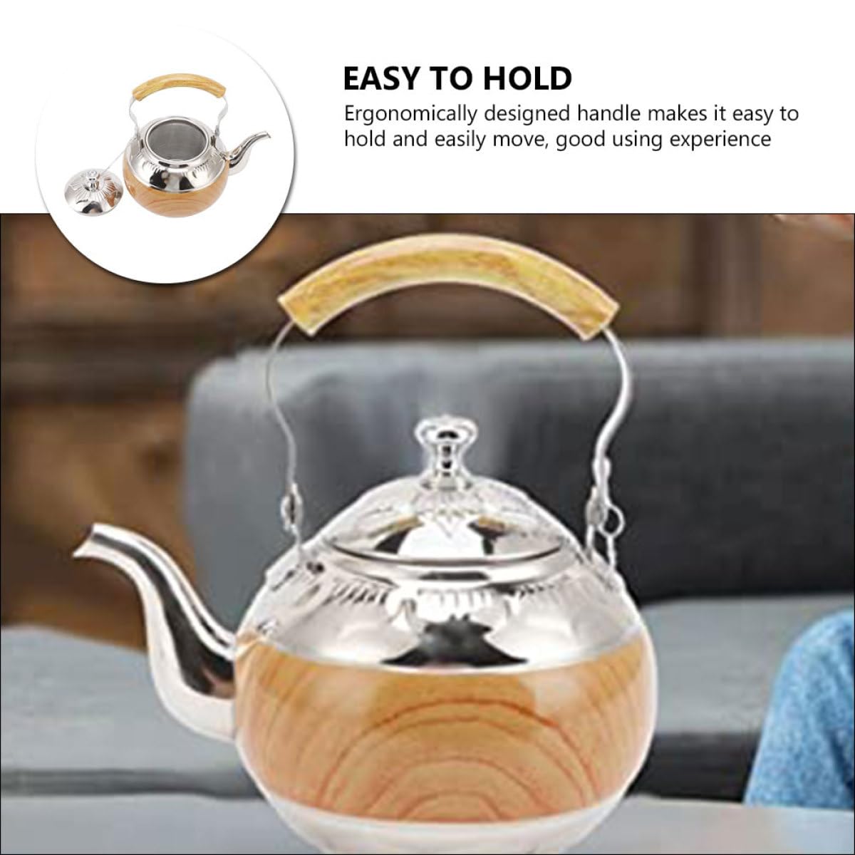 Tetera de Acero Inoxidable con Asa 1L Capacidad Grande, Diseño Elegante y Resistente, Fácil para Verter Té en Ambientes