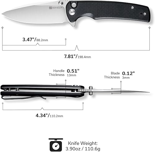Miniatura 7 de SENCUT Sachse - Cuchillo plegable para EDC, mango negro G10 de satén 9Cr18MoV, cuchillo pequeño plegable con clip, cuchillo de transporte diario