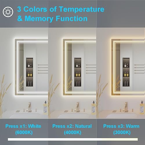 Miniatura 5 de Espejo de baño con luz LED rectangular de 48 x 40 pulgadas, espejo de tocador de baño para pared con retroiluminación y 2 luces frontales, triple