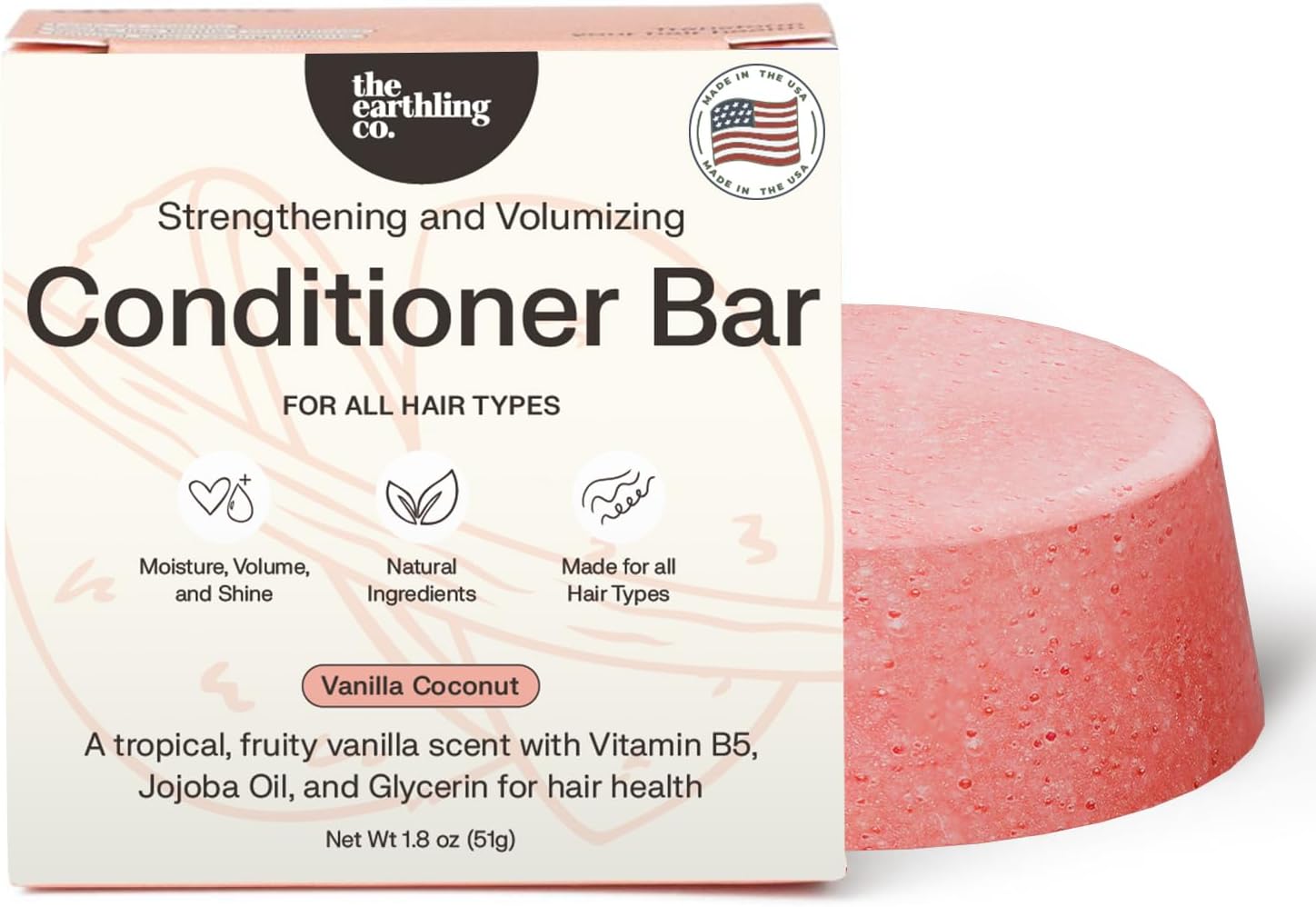 The Earthling Co. Volumizing Conditioner Bar For Thickening, Fullness, Strength, and Hair Growth - Sulfate, Silicone, Paraben Free for Thinning, Flat, Fine Hair - Made in USA (Vanilla Coconut, 1.8oz)
