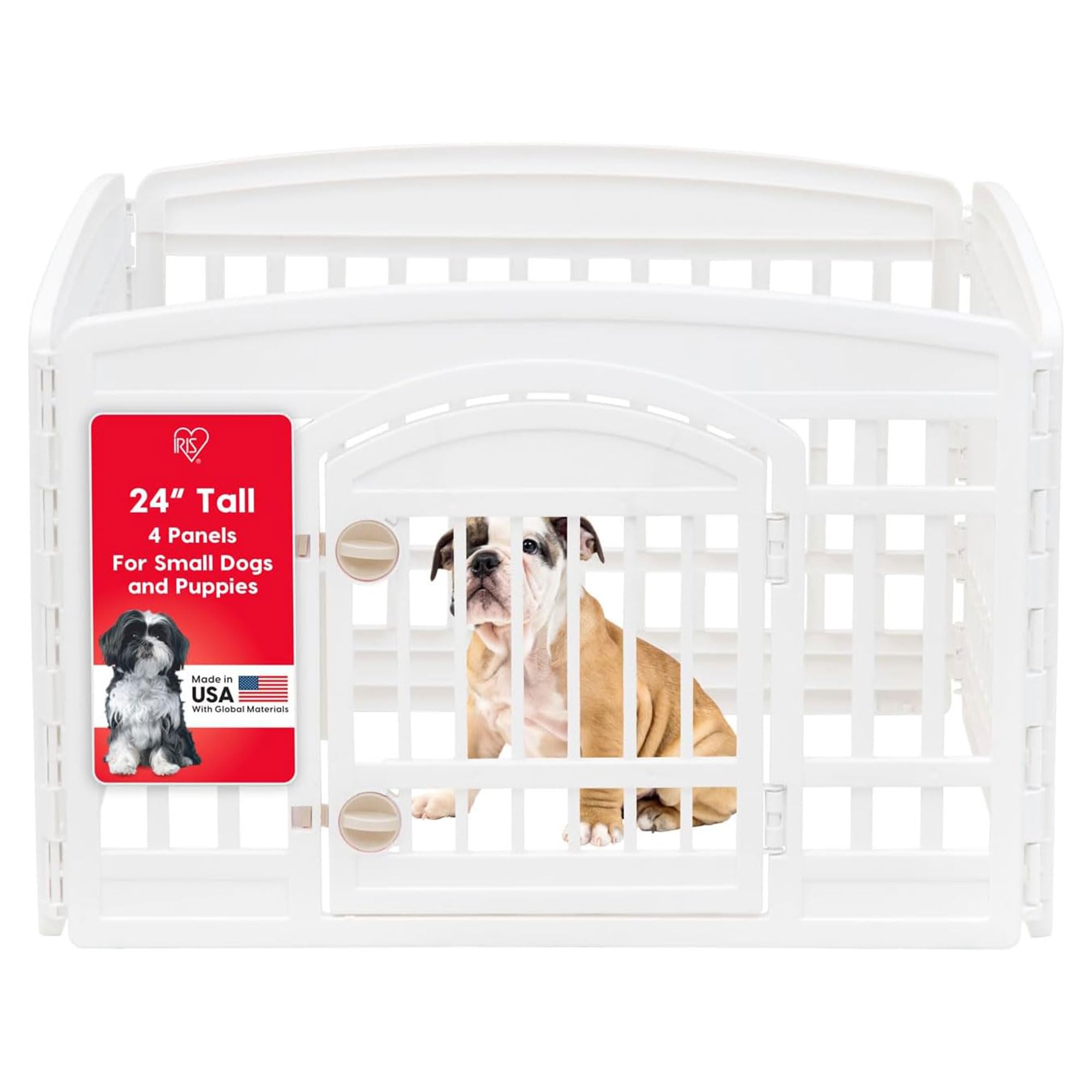 IRIS USA 24" 4-Panel Dog Playpen with Door, 35 x 35 x 24, Puppy Playpen, Dog Play Pen Indoors, Pet Fence, Puppies/Small Dogs, White
