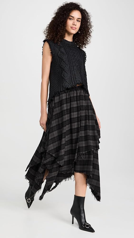 スカート R13 Women Skirts R13WD100D239D Black R13 Women's Handkercheif Skirt, Overdyed Black Plaid, XS at