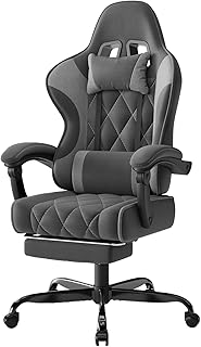 Devoko Fabric Gaming Chair for Adults with Footrest – Ergonomic Reclining Computer Desk Chair with Pocket Spring Cushion, Headrest & Massage Lumbar Support, Dark Grey, for Home Office