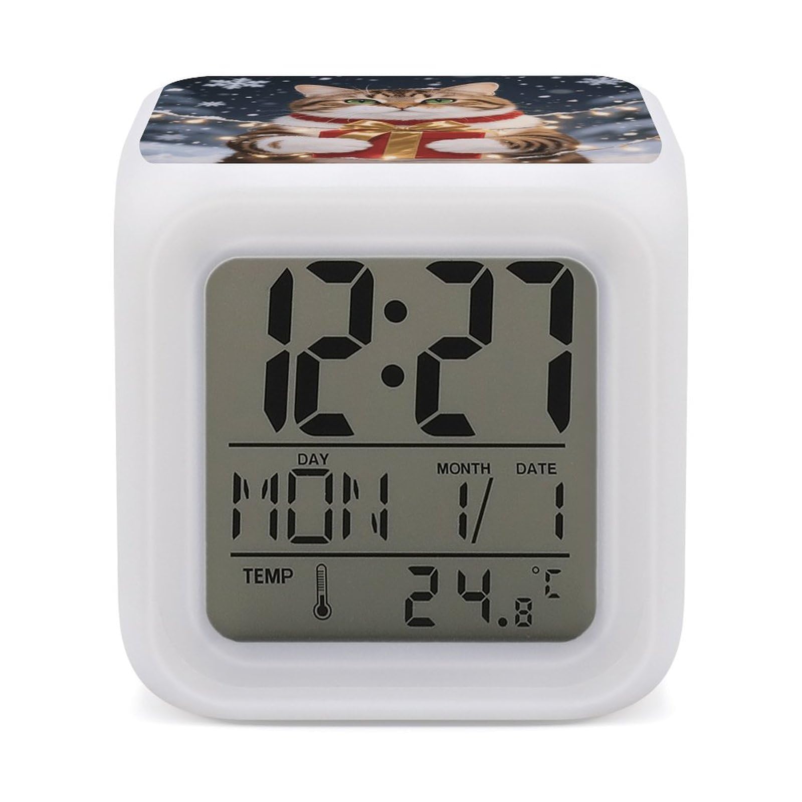 FodPand 7 Color Ambient Night Light Cube Battery Operated Cat Holding A Digital Clock with Snooze Temperature LED Digital Alarm Clocks Dimmable Wake Up Light Portable Mood Lamp for Bedroom Desk