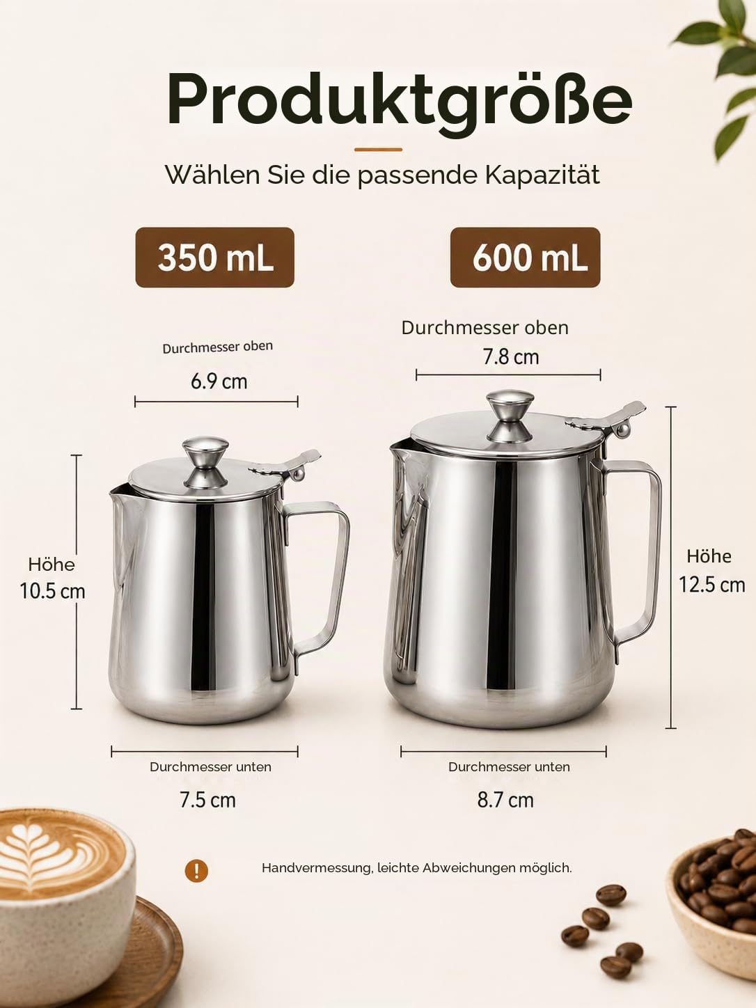 VOBOR Milch Pitcher,Edelstahl Kanne mit Deckel, Handheld Milchkännchen Edelstahl, Aufschäumbecher mit Anti Tropf Düsen und Griff Milchkanne für Espresso,Cappuccino,Latte,Barista (350ML)