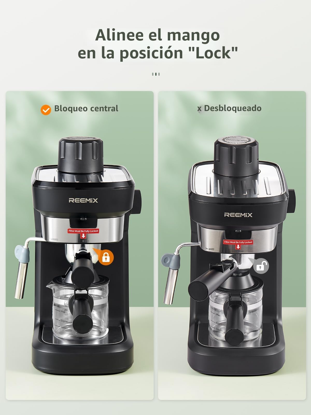 Reemix Máquina de Café Espresso Manual 6 Bar para Café Molido, Cafetera Compacta con Función Vapor y Espumador de Leche, Cappuccino Cremoso, Calientatazas, Jarra de Cristal, Negra