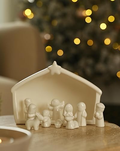 Miniatura 5 de WDS WONDROUS Juego de 12 piezas de pesebre de cerámica, figura de pesebre de Navidad en miniatura, belén de porcelana blanca para Navidad,