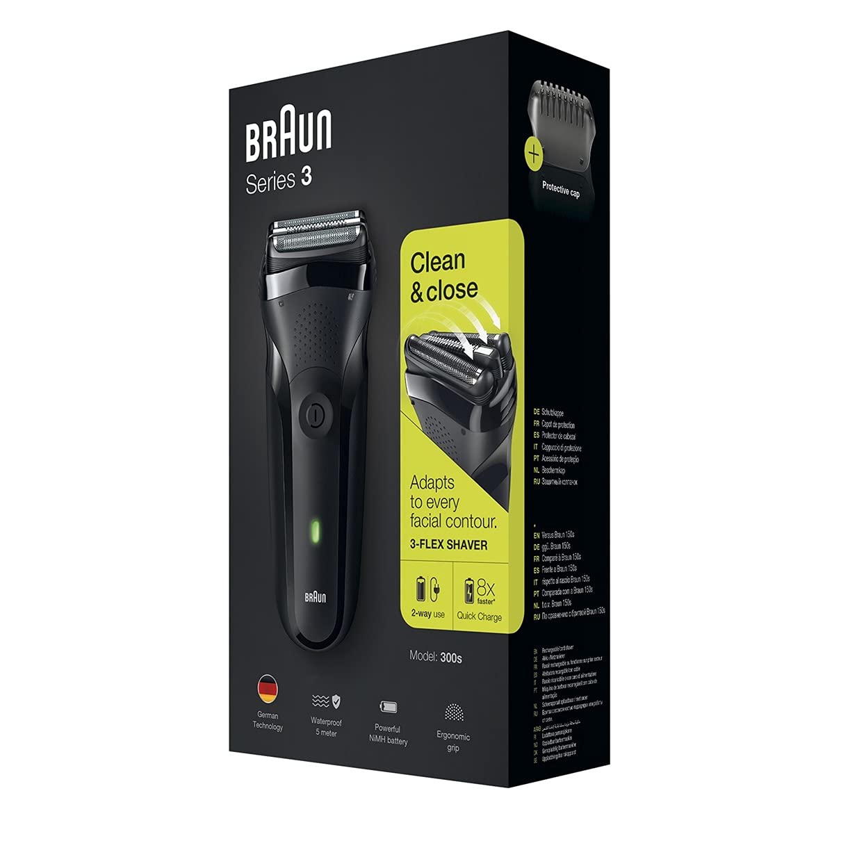 Braun Series 3 Elektrorasierer für Herren mit 3 flexiblen Klingen, wiederaufladbar und kabellos, 2-poliger UK-Stecker, 300, schwarzer Rasierer