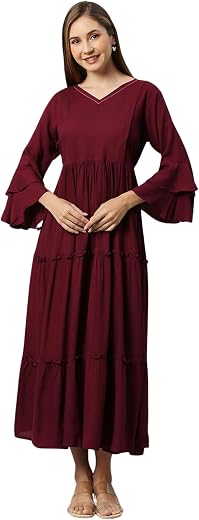 Aanyor Maroon Bell Sleeve Maternity Maxi Dress