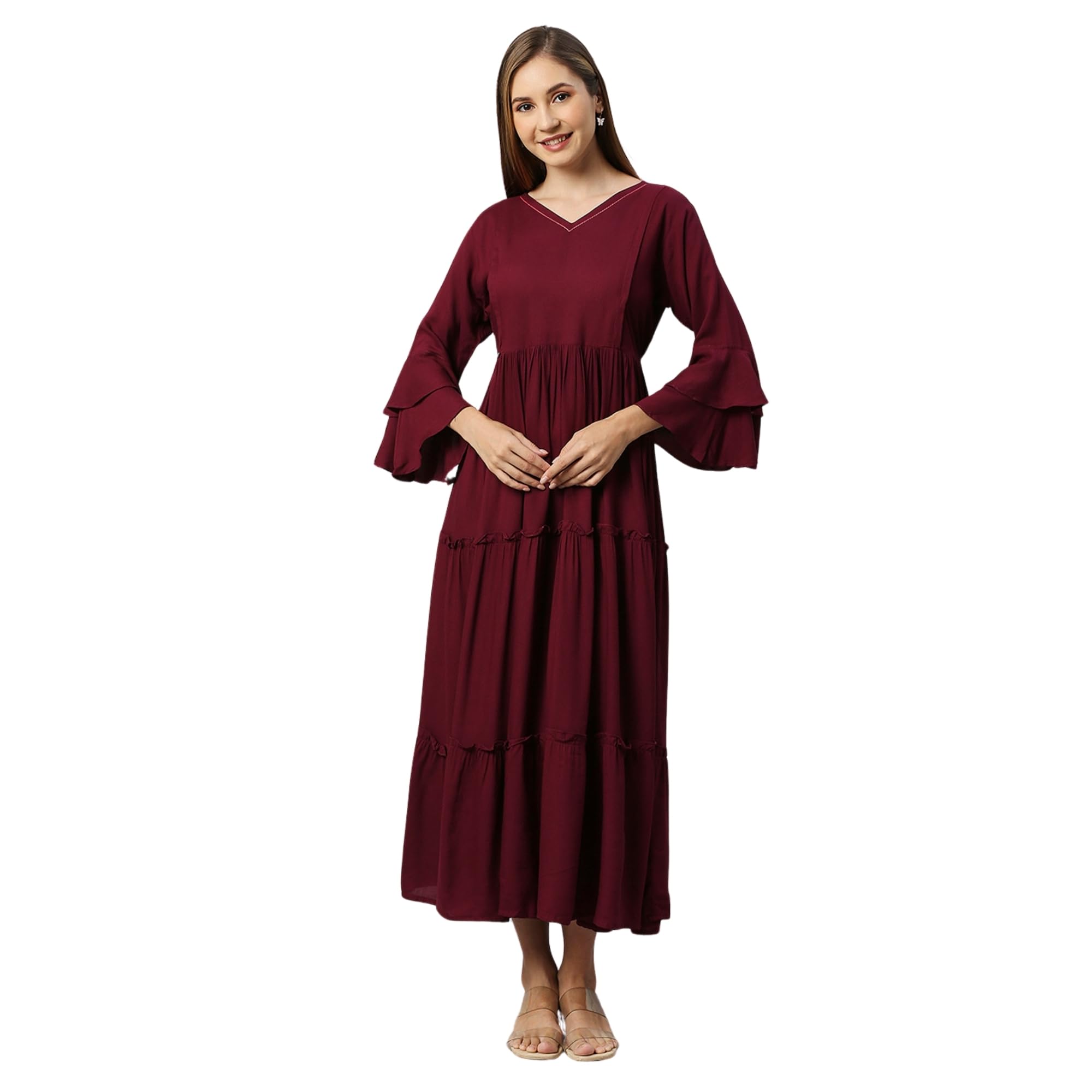 Maroon Bell Sleeve Maternity Maxi Dress-image-45