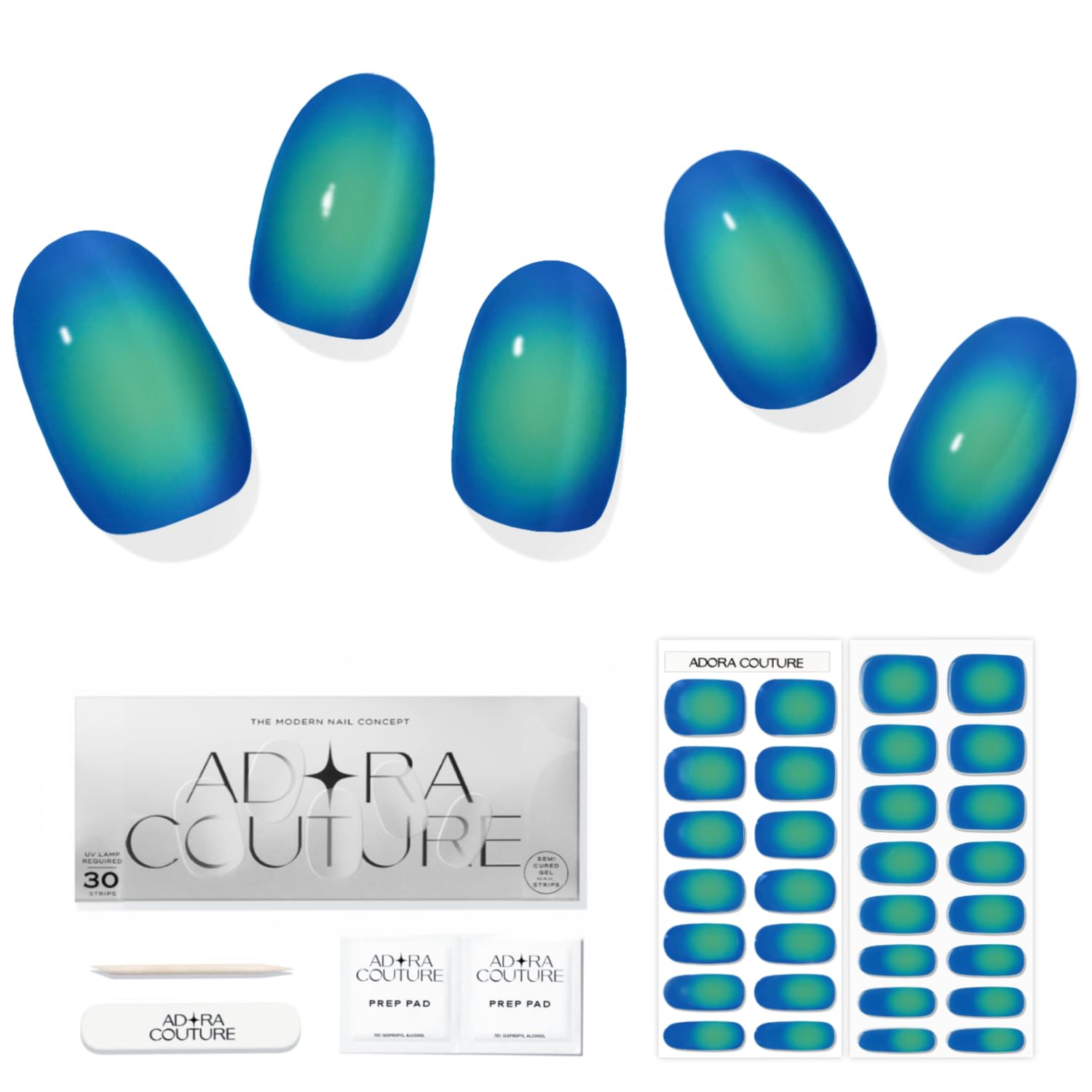 Adora Couture Semi Cured Gel Nail Strips with 30 Pieces - Salon Quality Manicure Kit for Women Easy Application Wraps Includes Prep Pads Nail File