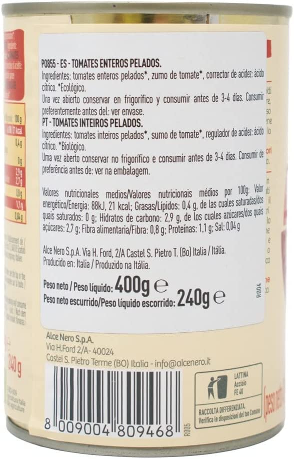 Alce Nero Pomodori Pelati Biologico Biologico - Juego de 12 tomates pelados (400 g)