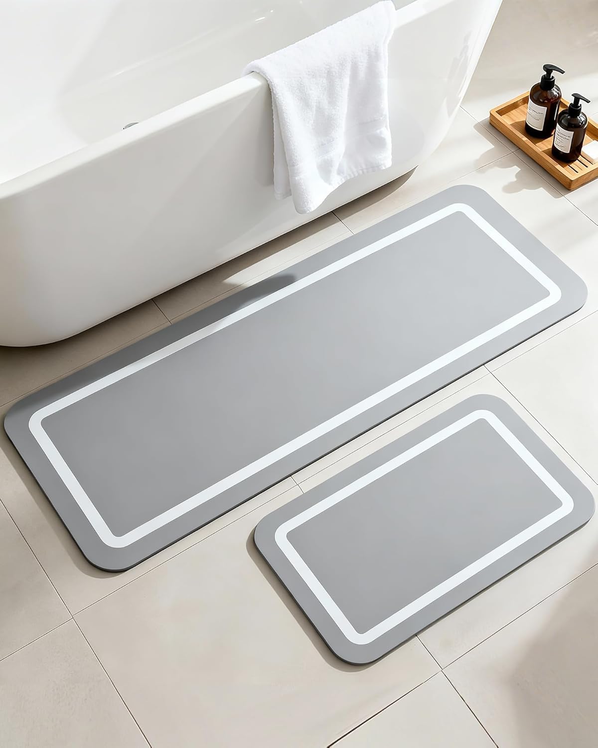 – Soft Diatomaceous Earth Bath Mat, Quick Dry Bathroom Mats 2 Piece, Gray Super Absorbent Bath Mat Set, Washable Non Slip Bathroom Rugs, Stone Bath Mats Alternative