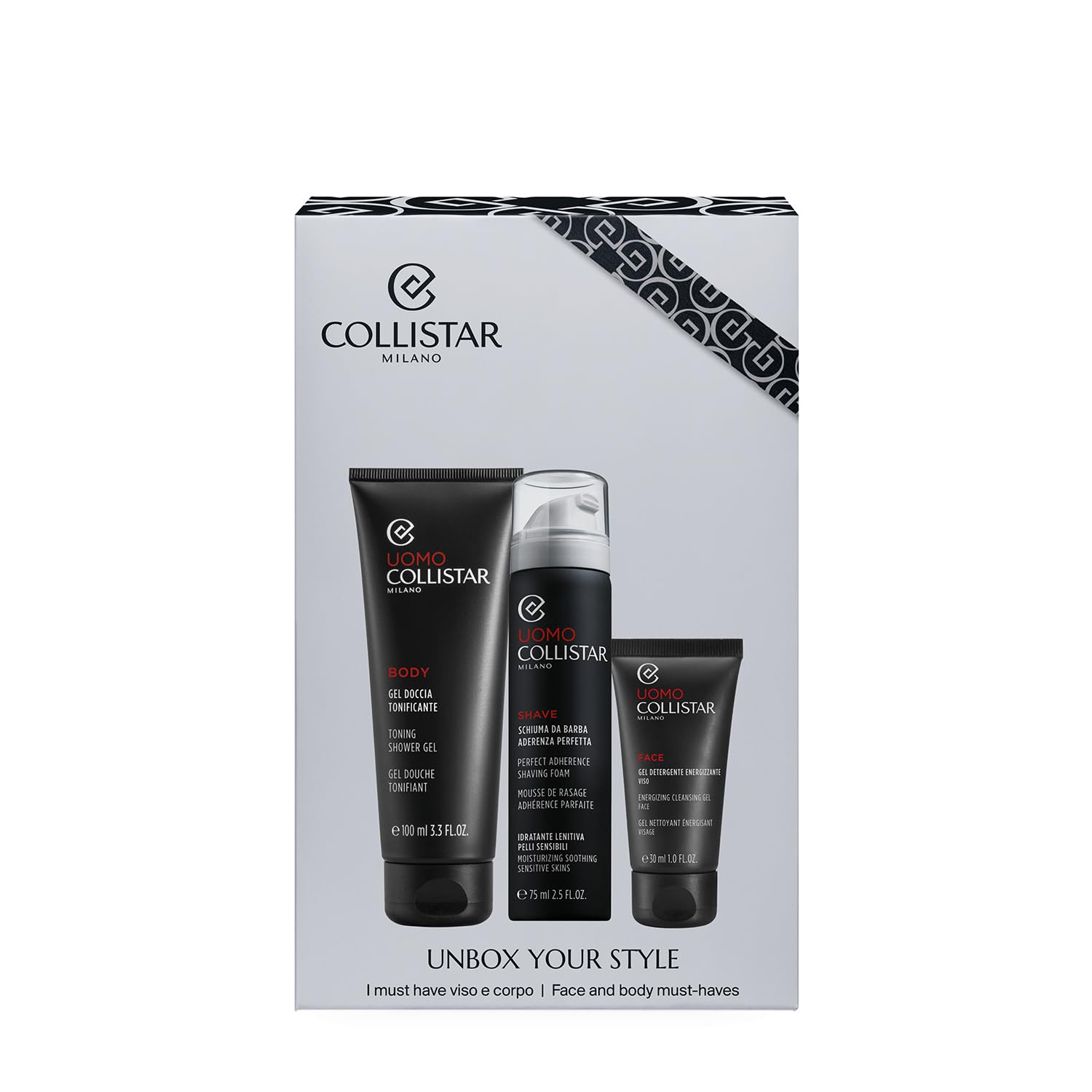 Collistar Męski zestaw upominkowy do golenia i czyszczenia, pianka do golenia 75 ml + energetyczny żel czyszczący 30 ml + mini żel pod prysznic tonizujący 100 ml