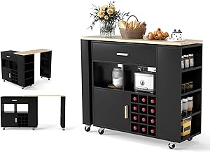 KOMFOTTEU Kitchen Trolley with Swivel Countertop, Kitchen Island with Drawer, Wine Rack for 12 Bottles of Wine, Auxiliary Trolley with Adjustable Shelf, Buffet Furniture for Dining Room, Bar (Black)