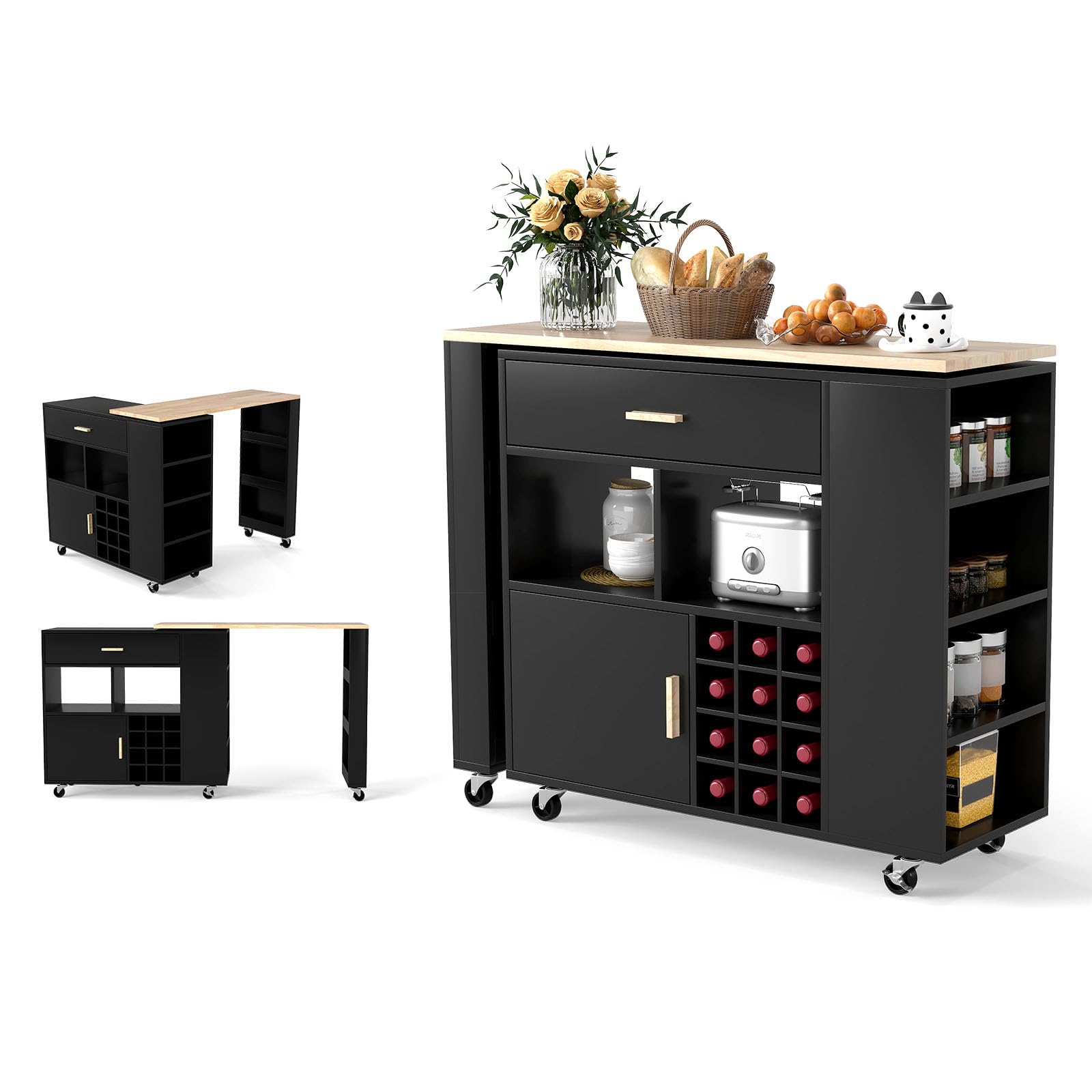 KOMFOTTEU Carro de Cocina con Encimera Giratoria, Isla de Cocina con Cajón, Botellero para 12 Botellas de Vino, Carrito Auxiliar con Estante Ajustable, Mueble Buffet para Comedor, Bar (Negro)
