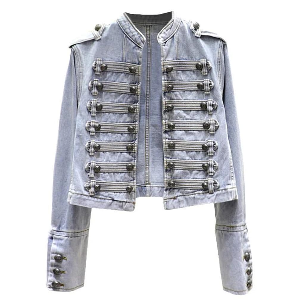 Hndudnff Chaquetas de mezclilla con cuello alto militar para mujer, chaqueta de mezclilla corta de doble botonadura