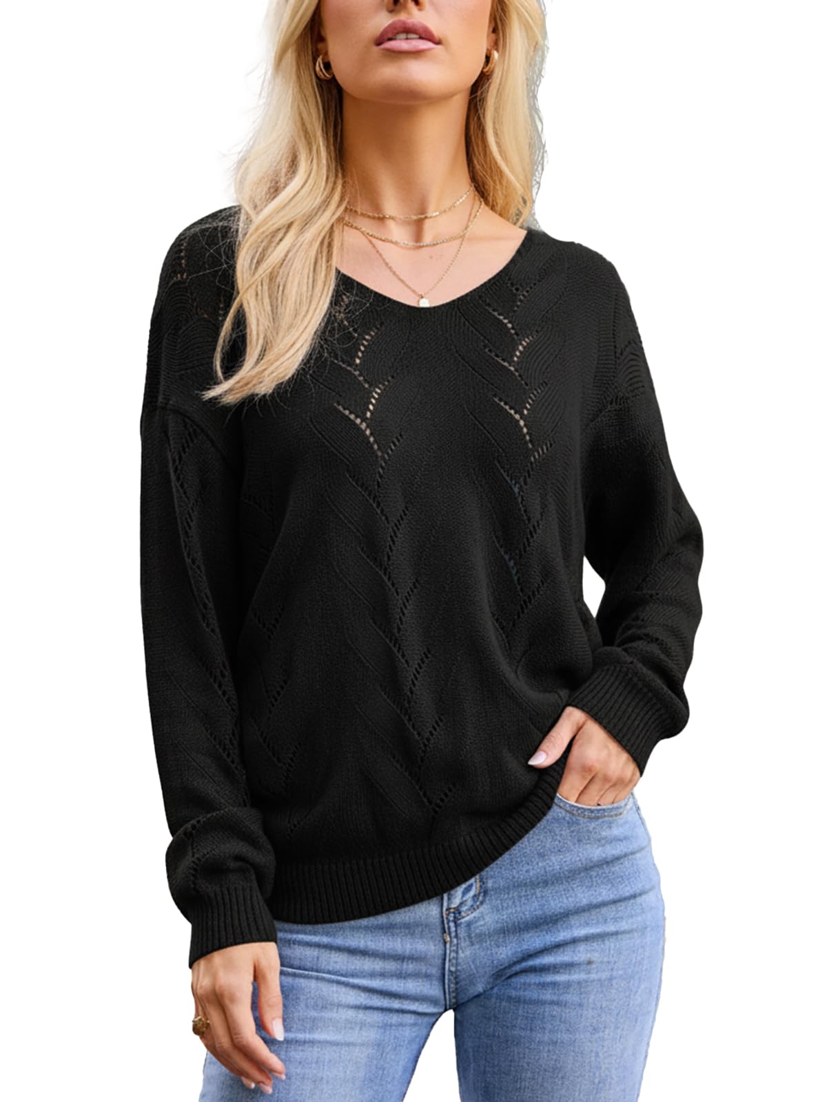 CUPSHE Womens Sweater V Neck Long Sleeve Hollow Cable Knit Pullover Tops
