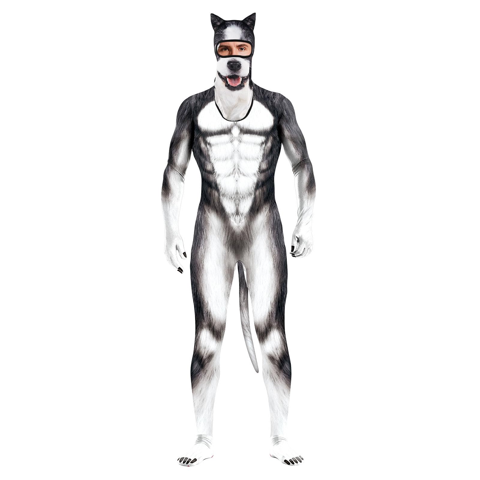 Men's Animal Bodysuit Costume with Big Tail Print Petsuit Spandex Furry Jumpsuit Cosplay Halloween Party