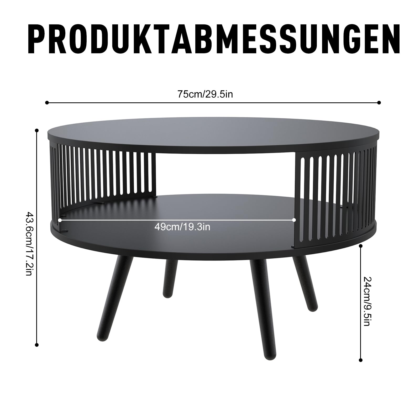 Runder Couchtisch Ø 75 cm mit Ablage, Wohnzimmertisch Schwarz