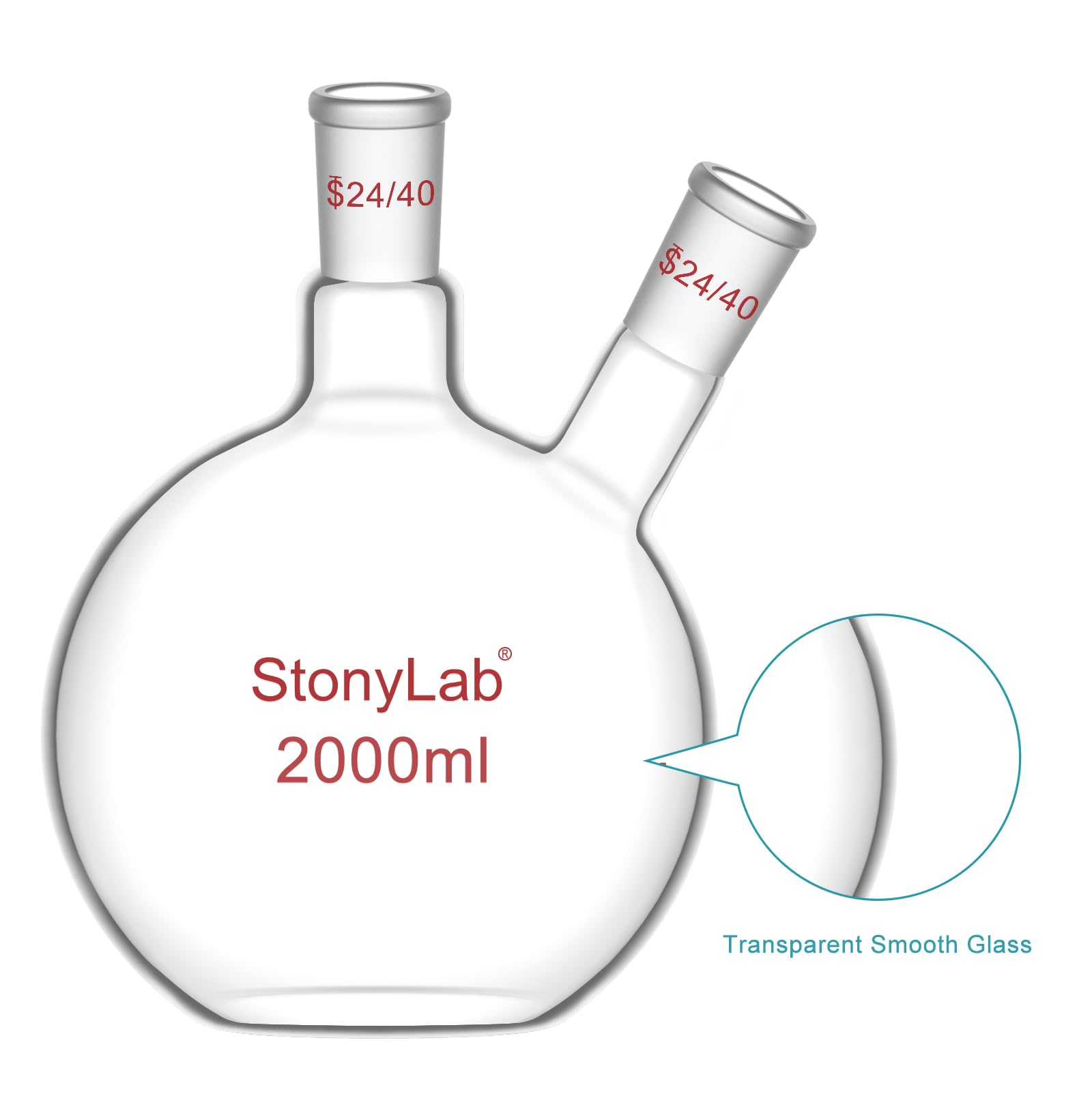 stonylab Pallone a Fondo Piatto FBF, Muro Pesante 2-Collo Fiaschetta da Laboratorio Vetro Borosilicato Fondo Piatto Pallone Bollente con 24/40 Giunto Standard, 2000 ml (2 L)