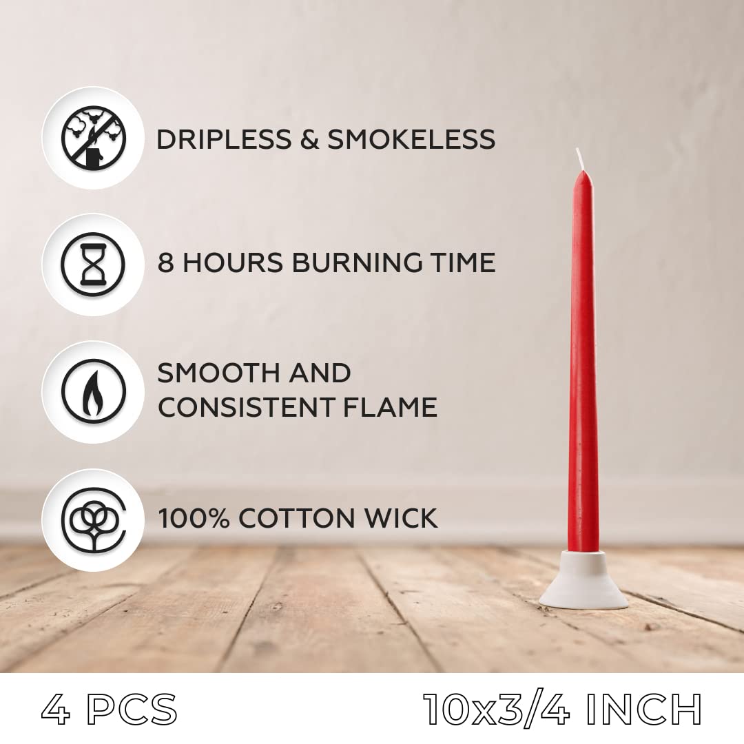 Candele coniche da 25,4 cm, confezione da 4 – Candele a lunga combustione senza gocciolamento e senza fumo – Candele affusolate per casa – Candele rosse brucianti 8 ore