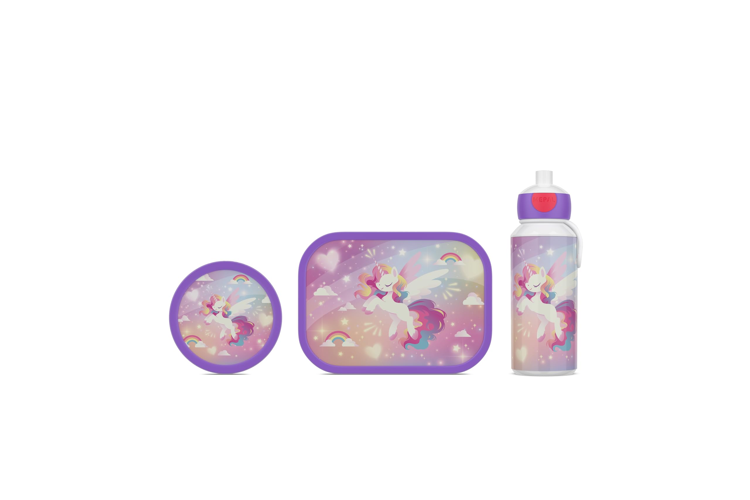Mepal - Set de Almuerzo Campus - Fiambrera para Niños con Botella Pop-up, Fiambrera y Cajita para fruta - Set de Almuerzo para el Colegio o para Llevar - Sin BPA - 400 + 750 + 300 ml - Unicorn Glow
