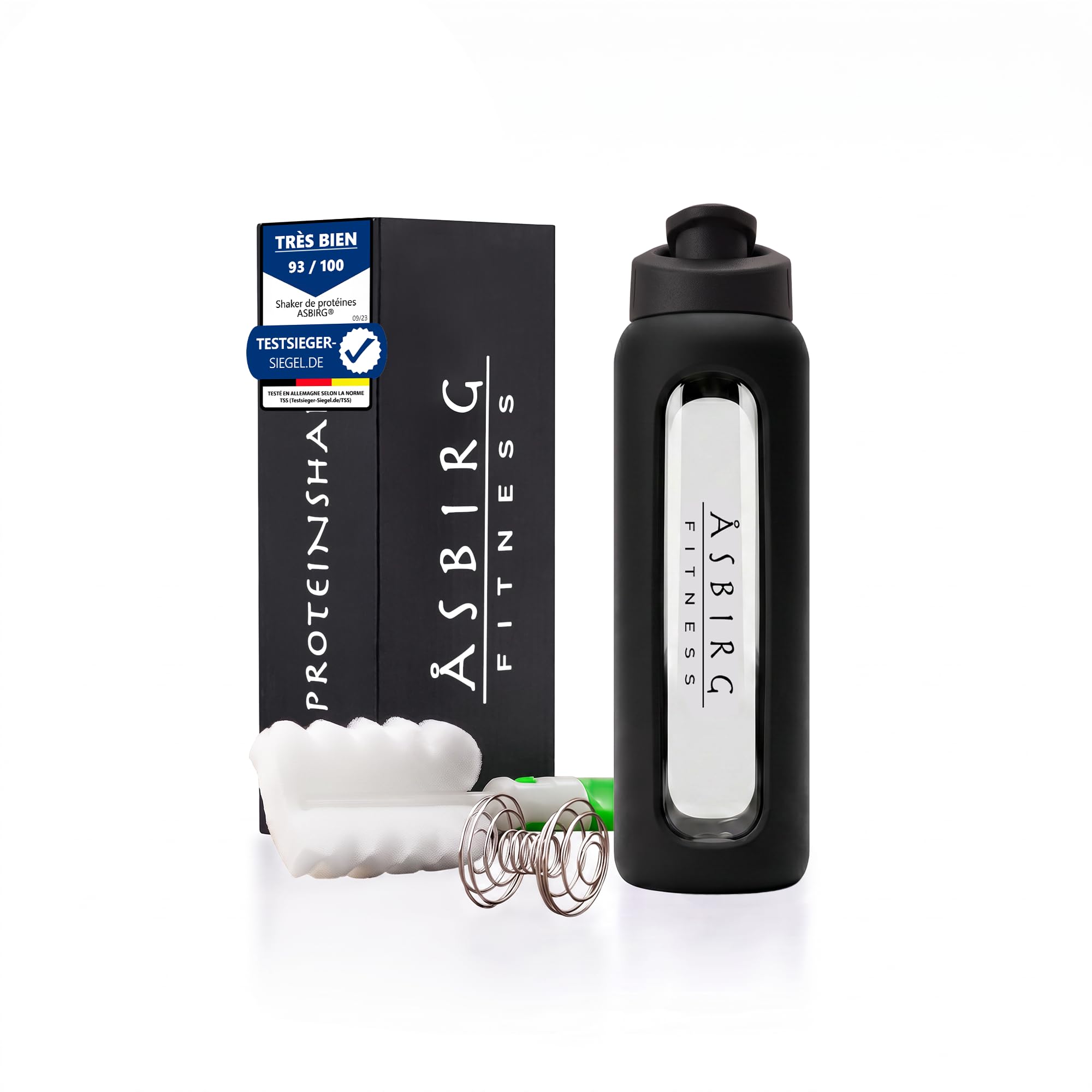 Lot de 3 Shakers Protéinés en Verre – 700ml avec Bille Mélangeuse Spiralée – Noir, Aqua et Beige – Sans BPA, Étanche, Idéal Fitness & Musculation