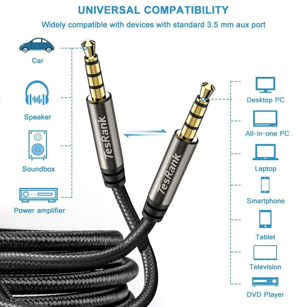 TesRank Kabel audio 3,5 mm 4-biegunowy nylonowy kabel Aux przewód wspierający mikrofon do słuchawek/telewizora/laptopa/smartfonów/tabletów/domu stereo/samochodu i innych, 1 m