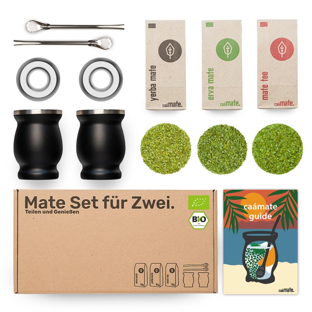Mate Tee Set Bio 3 Matesorten 2 doppelwandige Edelstahl Matebecher 2 Bombillas schwarz