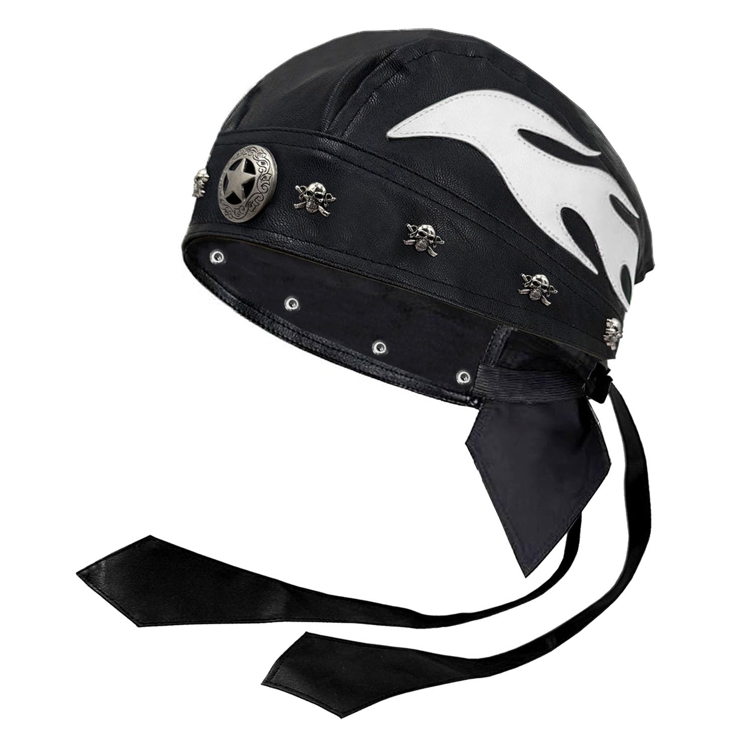 Steampunk Rock Wrap Stars Skull Rivet Cap Do Du Rag Leather Doo Rag Flame Cap with Snug Fit