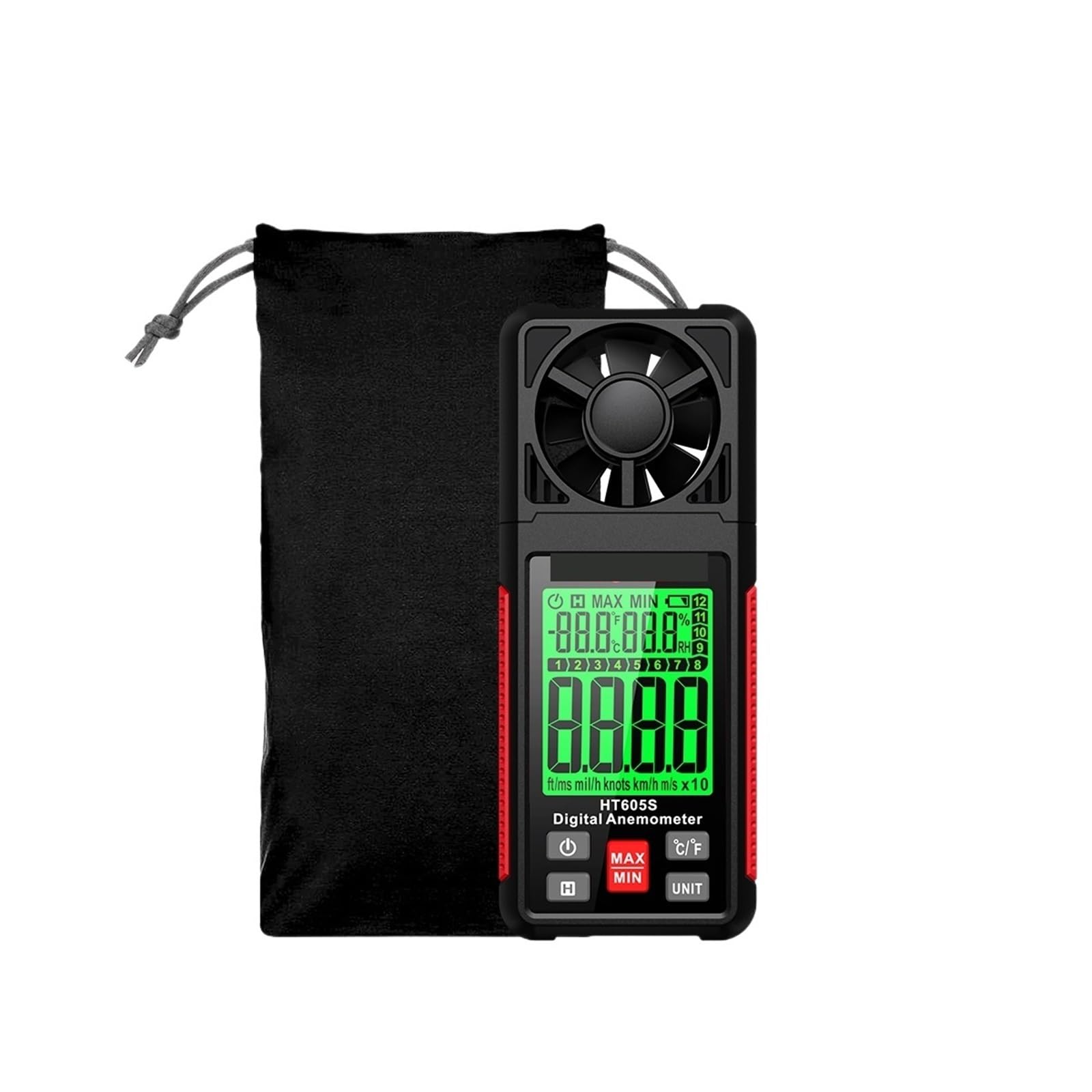 Anemómetro digital portátil HT605S, medidor de velocidad del viento, pantalla LCD, temperatura y humedad.
