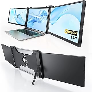 14 Inch Triple Portable Monitor 1080P@60Hz Laptop Screen Extender for Dual Monitor Display, Portable Triple Screen for 14"-17" Laptop, Support Windows, Chrome, Mac System