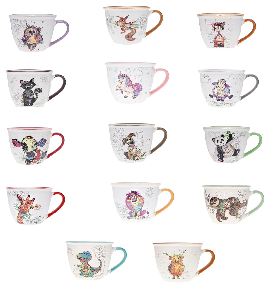 KIUB Opakowanie 14 misek z uchwytem - motyw zwierzęcy (kot, pies, krowa, wiewiórka, sowa, żyrafa, lew ...) - pojemność 550ML - porcelana