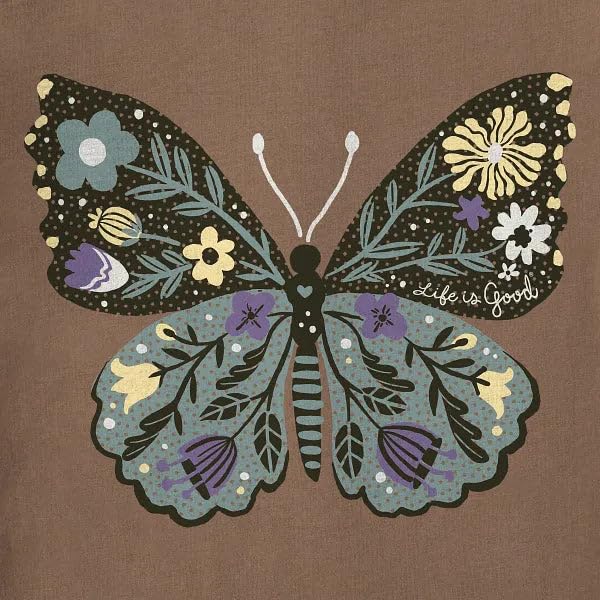 Life is Good Women's Floral Butterfly Short Sleeve Crusher Vee, Mushroom Brown2