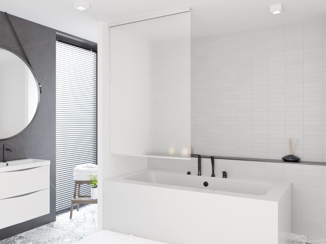 Rideau de douche semi-cassette 14 motifs et 13 largeurs au choix - Noir, vert, blanc, transparent, bleu, gris clair (Milky Drops, 150 x 240 cm)
