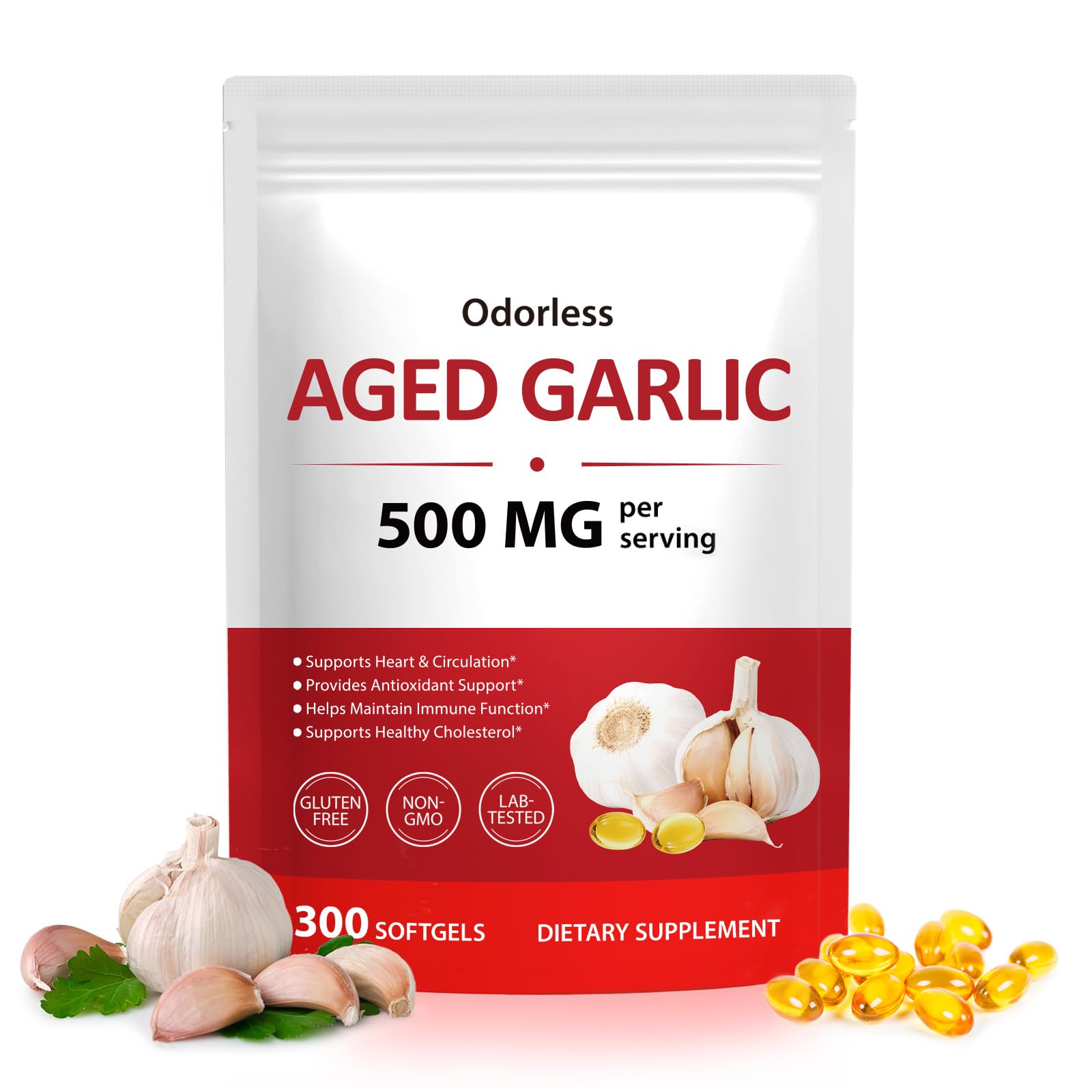 Odorless Aged Garlic Extract Capsules 300 Count, 500mg Organic Aged Garlic Supplement for Heart, Traditional Herbal Support, 2-Year Matured for Overall Wellness, Non-GMO, Gluten Free
