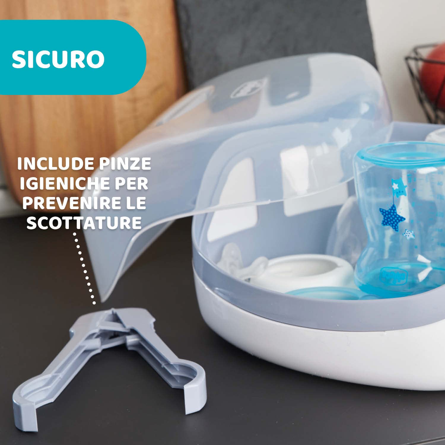 Chicco Sterilizzatore Biberon Microonde, Sterilizza in Modo Semplice e Veloce, Contiene fino a 5 Biberon, Adatto anche per Ciucci, Leggero e Compatto, Ideale da portare in Viaggio, Facile da Pulire