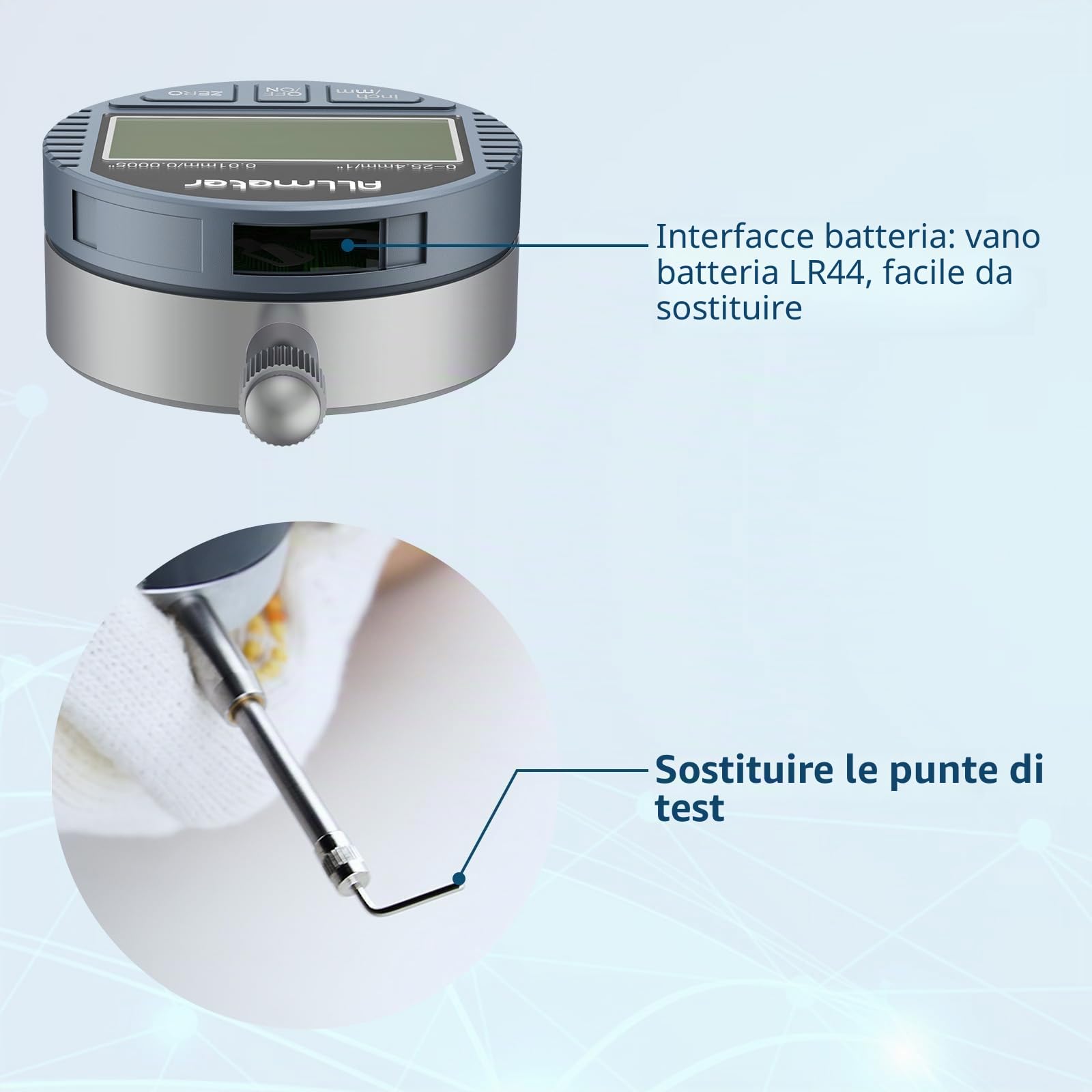 Comparatore Centesimale Digitale 0-25.4mm con Base Magnetica 70KG, LCD 0.01mm/0.0005" Unità Pollici/Metrica + 22 Punte da Test, Braccio Regolabile e Porta Quadrante con Controllo ON/OFF