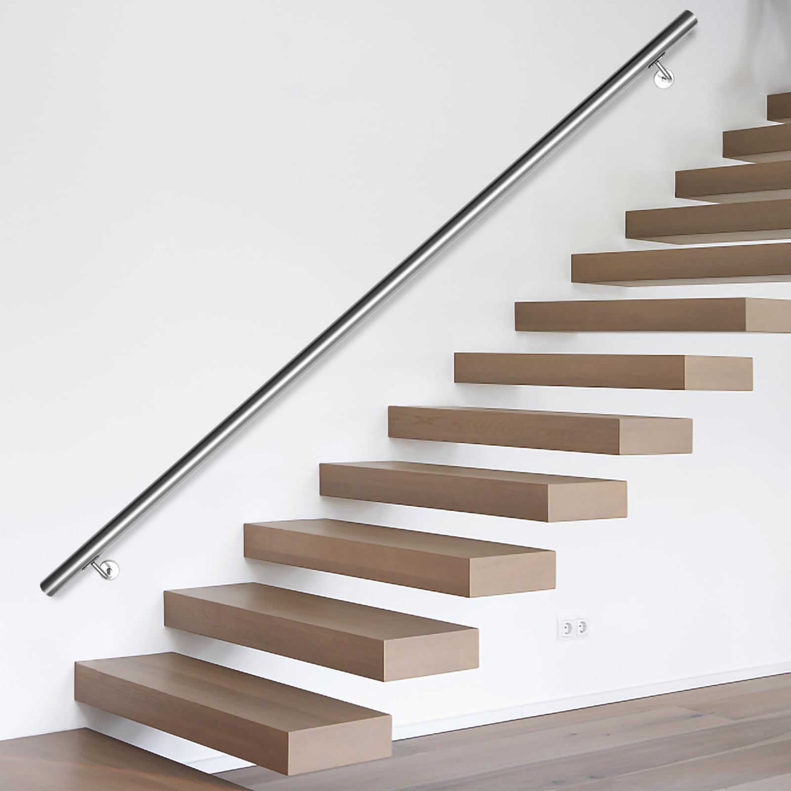 Fiqops Pasamanos de acero inoxidable, barandilla para escaleras, 200 cm, acero inoxidable, pasamanos de pared, para exterior e interior, pasamanos de 42 mm de diámetro, con soporte de pared y tacos de