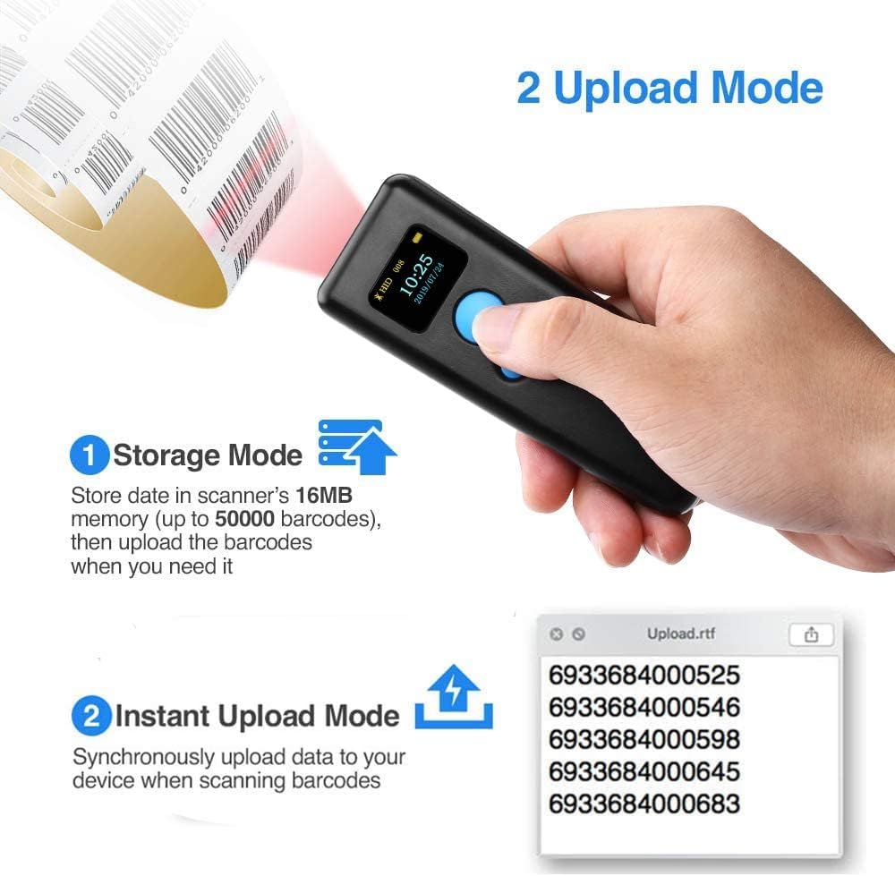 Scanner 1D Portatile Scanner di Codici a Barre palmare ad Alta velocità Codice a Barre Bluetooth 3 in 1 Scanner Compatibile con Varie App e Computer