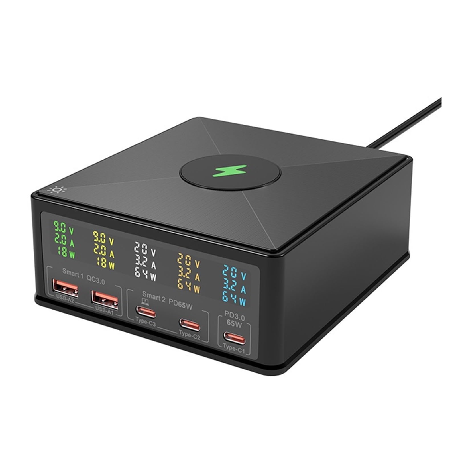 Caricatore USB C, Caricatore da tavolo USB C GaN da 160 W con display LED, caricabatterie wireless 6 in 1 PD 65 W QC3.0 Adattatore di alimentazione for stazione di ricarica rapida, Veloce, Efficiente