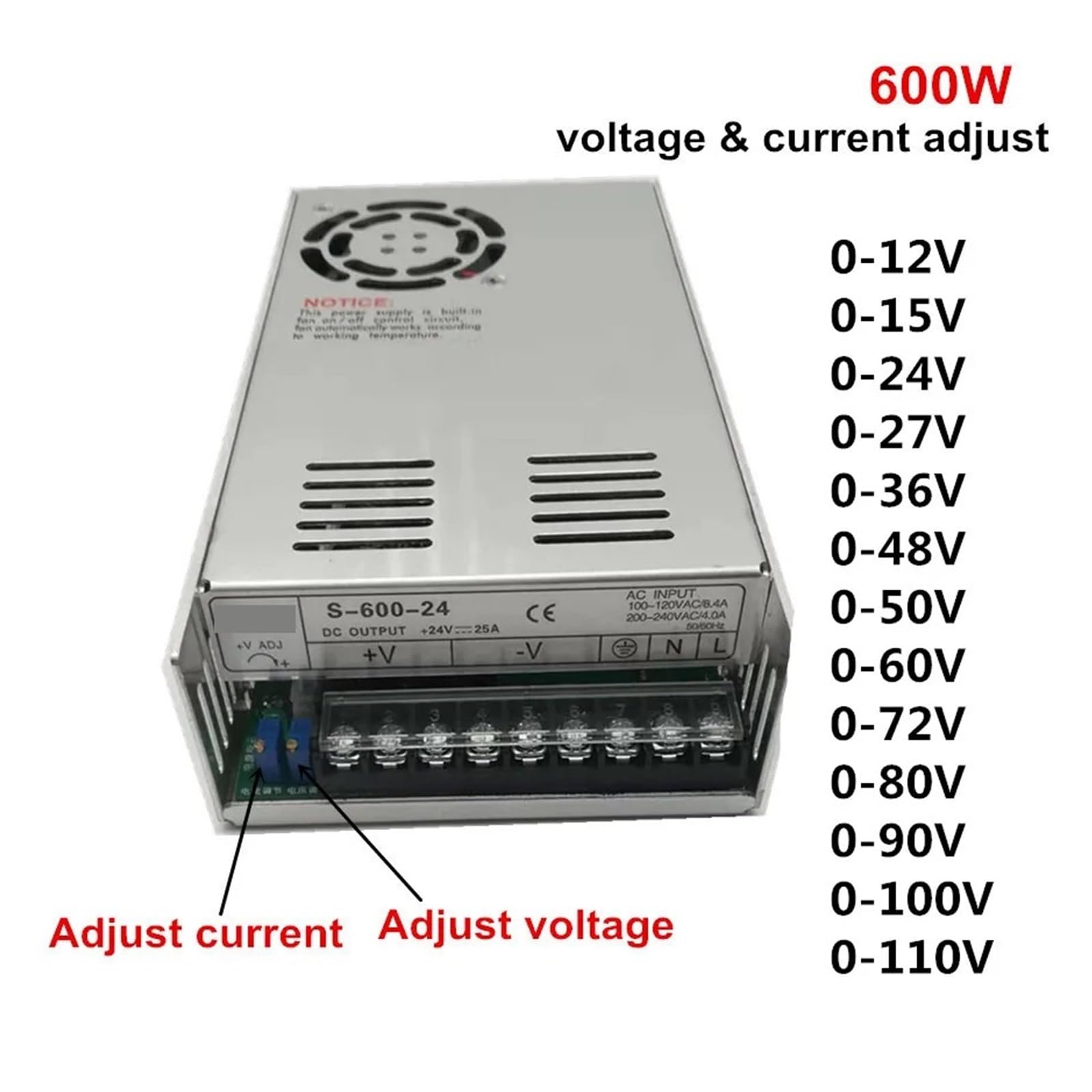 Adaptador de fuente alimentación conmutada regulada 600 W, 0-12 V, 15, 24, 27, 36, 48, 50, 60, 72, transformador LED, adaptador Alta precisión(0-60V 0-10A)