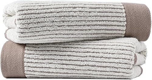 Juego de 2 toallas de mano de rayas acanaladas color beige, suaves y absorbentes, 100% algodón, decorativas, con borde de café, para baño, hotel,