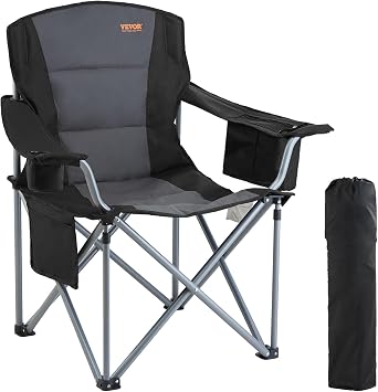 VEVOR Oversized Camping Folding Chair, Portable Heavy Duty Outdoor Quad Lumbar Back Padded with Side Pockets, Cup Holder and Cooler Bag for Beach, Lawn, Picnic, Fishing, Backpacking, Black