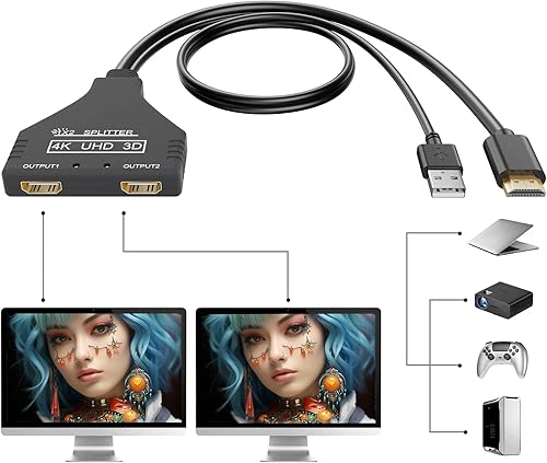 BATU Divisor HDMI 1 en 2 salidas 4k 30hz cable HDMI 2.0 macho a doble hembra con cable USB de alimentación para HD, LED, LCD, TV, monitores