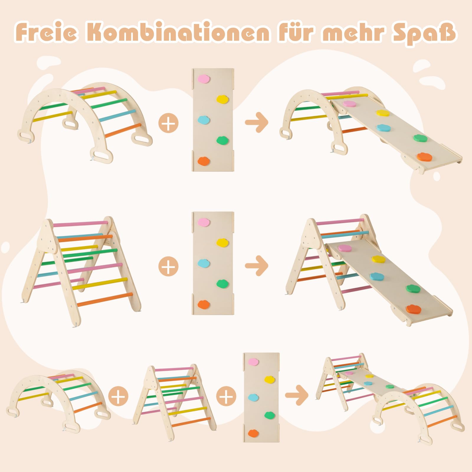 COSTWAY Klettergerüst Indoor, inkl. Kletterdreieck & Kletterbogen & Rampe, Indoor Spielgeräte Holz, Sprossendreieck Frei kombinierbar, Klettern Kinder Indoor ab 1 Jahr (Bunt)